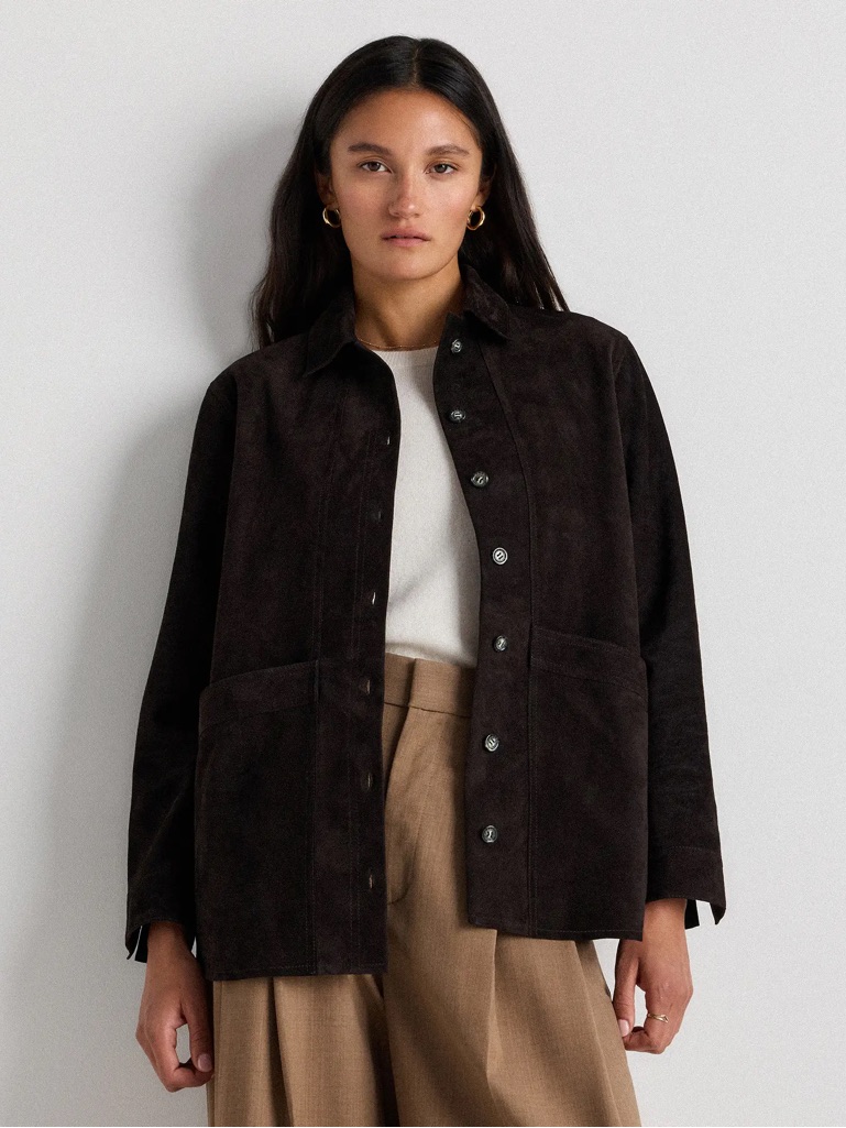 Quince Women 100% Suede Chore Jacket Charcoal Black Outerwear M